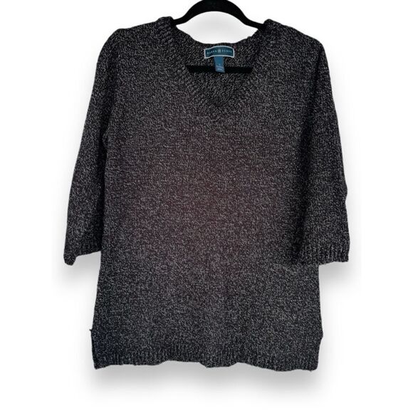 Karen Scott Women’s Small Black Knit V-Neck 3/4 Sleeved Woven Pullover Sweater - Picture 2 of 12